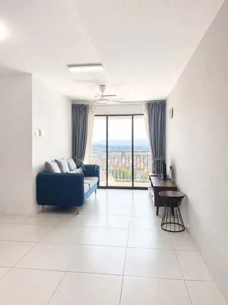 Living features: grey fabric sofa, 3-seater sofa, white walls, tile flooring, ceiling fan, floor-to-ceiling windows, curtains, wooden TV console, wall-mounted TV, decorative wall clock; style: modern; view: city.