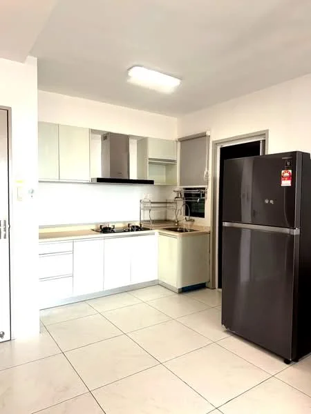 Kitchen features: white cabinetry with flat-panel doors, light wood countertop, stainless-steel sink, chrome pull-down faucet, built-in gas hob, exhaust hood, black refrigerator, wall-mounted cabinets, ceramic tile flooring, recessed ceiling lights, open shelving, window above sink; style: modern.