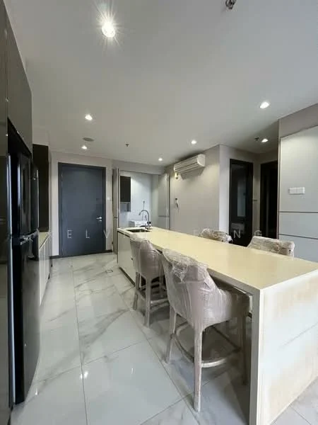 Kitchen features: white cabinetry, marble tile flooring, island countertop with seating, stainless-steel sink, chrome pull-down faucet, built-in oven, stainless-steel refrigerator, recessed downlights, wall-mounted split AC, open shelving, pendant lighting, neutral wall color, sliding door to hallway; style: modern.