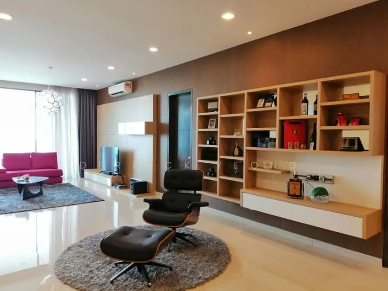 Living features: large floor-to-ceiling windows, pink fabric sofa, black leather lounge chair, round area rug, wooden shelving unit, wall-mounted TV, decorative items on shelves, recessed ceiling lights, air conditioning unit, white wall with accent panel, light-colored tile flooring; style: modern; view: city.