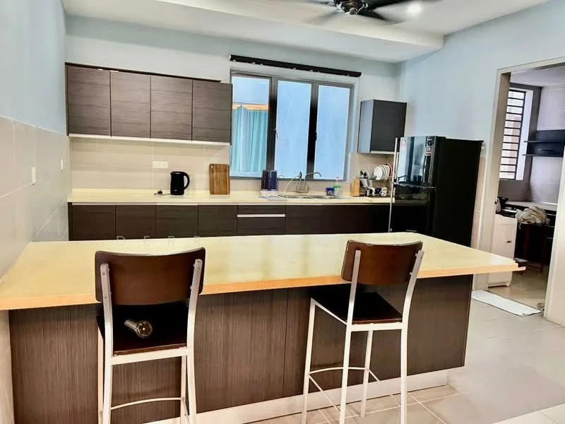 Kitchen features: dark wood cabinetry, light-colored countertop, stainless-steel fridge, built-in oven, 4-burner gas hob, single-bowl stainless-steel sink, chrome pull-down faucet, pendant lighting, bar seating with two stools, tile flooring, window with natural light, kitchen island; style: modern.