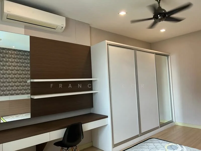Bedroom features: wooden flooring, cream painted walls, built-in wardrobe with sliding doors, study desk with wall-mounted shelf, ceiling fan, wall-mounted air conditioning unit, decorative accent wall with geometric pattern, recessed lighting; style: modern.