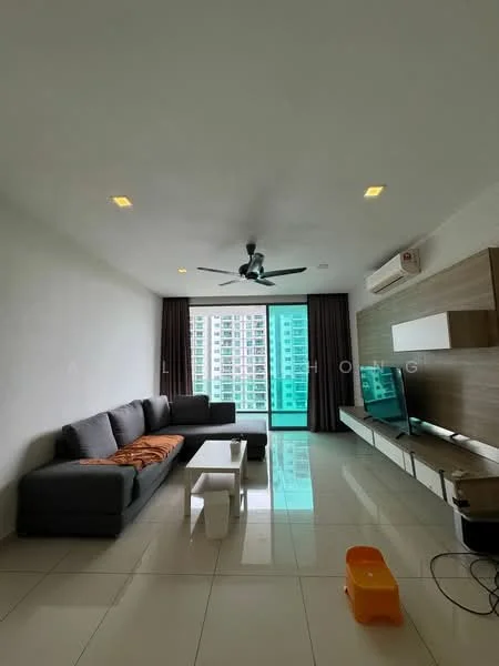 Living features: 3-seater fabric sofa in grey, orange throw pillow, white coffee table, wall-mounted TV, TV console with storage, floor-to-ceiling windows, sliding glass door, curtains in dark brown, ceiling fan, recessed downlights, glossy tile flooring, air conditioning unit; style: modern; view: city.