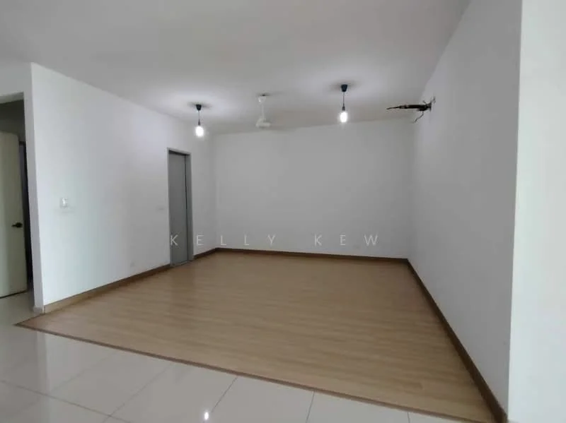 Room features: white painted walls, laminate flooring, ceiling fan, 2 pendant lights, doorway leading to another room, large open space; style: modern.