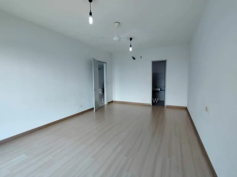 Room features: light wood laminate flooring, white painted walls, ceiling fan, two doors leading to other spaces, one door leading to a bathroom, recessed lighting, no visible furniture or decor; style: minimalist.