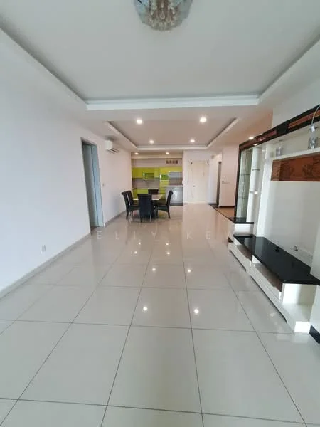 Living features: white painted walls, glossy ceramic tile flooring, recessed downlights, ceiling rose, wall-mounted TV console, glass display cabinet, dining table with chairs, open layout, air conditioning unit; style: modern.