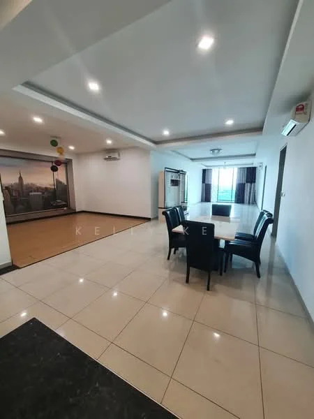 Dining features: square dining table, black upholstered dining chairs, white painted walls, recessed downlights, large windows with sheer curtains, tile flooring, air conditioning unit, decorative wall mural, open layout to living area; style: modern; view: city. Living features: tile flooring, white painted walls, recessed downlights, large windows with sheer curtains, air conditioning unit, open layout to dining area; style: modern; view: city.