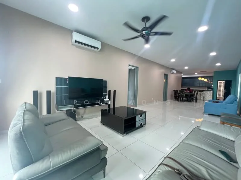 Living features: grey leather sofa, light blue fabric sofa, black coffee table, wall-mounted flat-screen TV, 2 tall speaker units, white tiled flooring, cream painted walls, 5-blade ceiling fan with light, air conditioning unit; style: modern.
