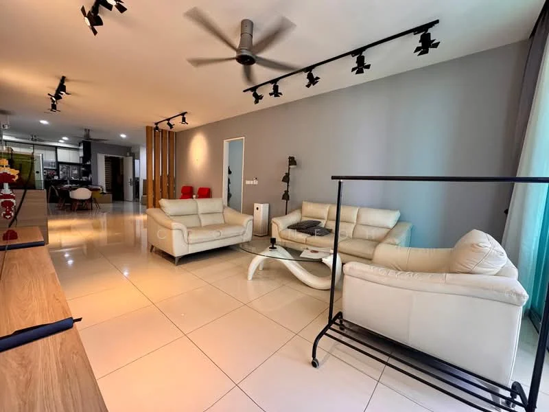 Living features: 3-seater leather sofa in cream, 2-seater leather sofa in cream, coffee table in white, TV console, wall-mounted TV, ceiling fan with integrated light, recessed LED downlights, tile flooring in white, grey painted walls, large windows with sheer curtains, decorative wall art, open layout to dining area; style: modern.