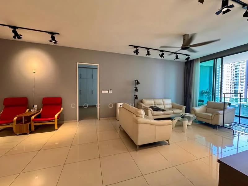 Living features: cream leather sofa, 2-seater fabric armchair, glass coffee table, floor-to-ceiling windows, grey painted walls, white tiled flooring, recessed LED downlights, 5-blade ceiling fan, curtains, open layout, decorative wall light; style: modern; view: city. Room features: white door, built-in wardrobe.