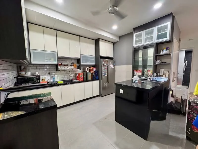 Kitchen features: black granite countertop, white and black cabinetry, stainless-steel sink, chrome pull-down faucet, built-in oven, freestanding range oven, refrigerator, tile backsplash, wall-mounted cabinets, open shelving, 5-blade ceiling fan, grey tile flooring, under-cabinet lighting; style: modern.