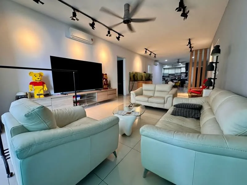 Living features: white leather sectional sofa, 2 white leather armchairs, glass coffee table, wall-mounted TV, TV console with storage, recessed LED downlights, ceiling fan, grey accent wall, large windows, decorative wall paneling, open layout to dining area, tile flooring; style: modern.