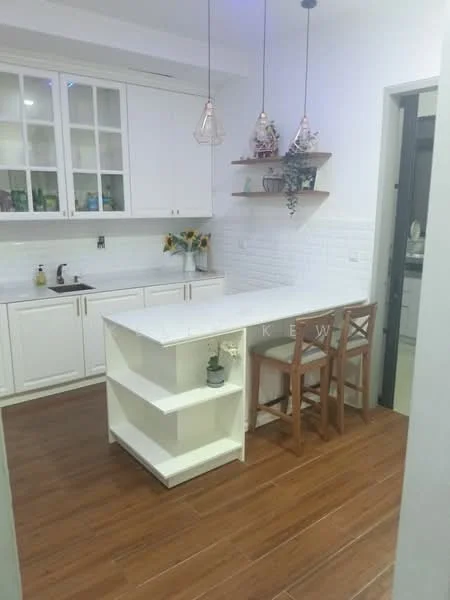 Kitchen features: white shaker cabinets, marble countertop, white subway tile backsplash, stainless-steel sink, chrome pull-down faucet, open shelving, two wooden bar stools, pendant lights, wooden flooring, recessed lighting; style: modern.