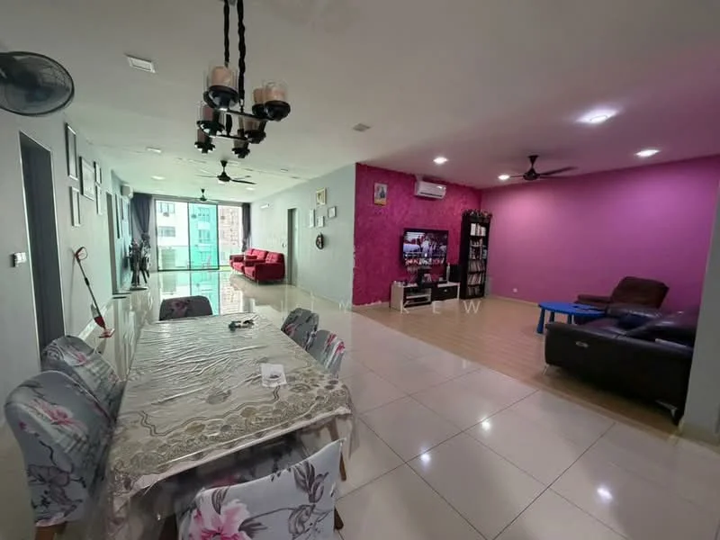 Dining features: dining table with floral tablecloth, 8 upholstered dining chairs, chandelier with candles, white tiled flooring, wall-mounted fan; style: modern. Living features: 3-seater red fabric sofa, 2-seater brown leather sofa, coffee table, TV console with wall-mounted TV, bookshelf, recessed ceiling lights, ceiling fan, purple accent wall; style: modern. Balcony features: sliding glass door, floor-to-ceiling windows, green view; view: city.