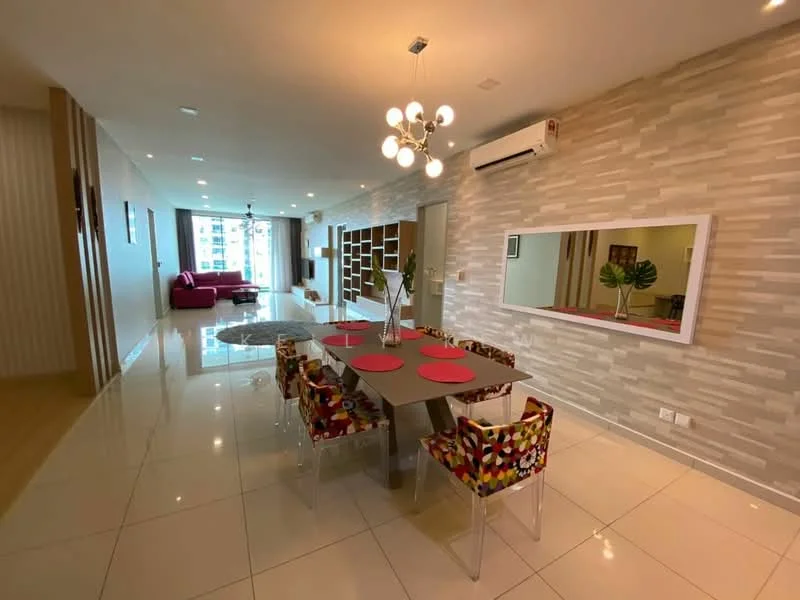 Dining features: 6-seater dining table, colorful patterned dining chairs, pendant light fixture, white walls, decorative mirror, air conditioning unit, glossy tile flooring, feature wall with stone cladding, open layout to living area, large windows with natural light; style: modern; view: city. Living features: red sofa, coffee table, TV console, wall-mounted TV, decorative shelving unit, large windows, glossy tile flooring; style: modern; view: city.