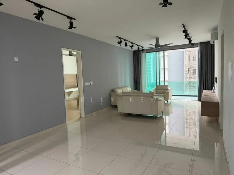 Living features: white leather sofa, 2-seater sofa, marble tile flooring, grey painted walls, recessed downlights, 5-blade ceiling fan, floor-to-ceiling windows, curtains, TV console, wall-mounted TV, open layout, natural light; style: modern; view: city.