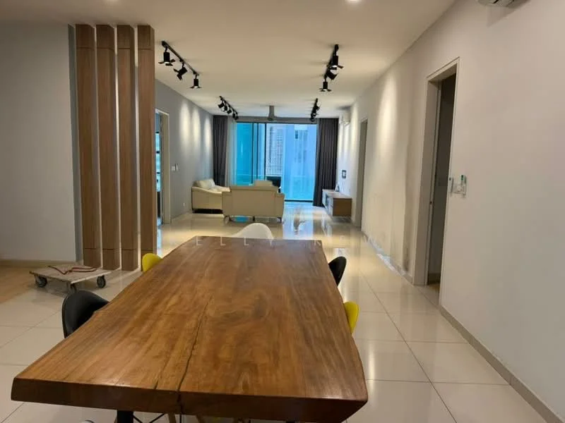 Dining features: large wooden dining table, black and yellow dining chairs, white tiled flooring, recessed LED downlights, open layout, floor-to-ceiling windows, city view, neutral painted walls, wooden accent wall; style: modern; view: city. Living features: light-colored sofa, coffee table, recessed LED downlights, floor-to-ceiling windows, neutral painted walls, open layout, white tiled flooring; style: modern; view: city. Hallway features: neutral painted walls, white tiled flooring, recessed LED downlights; style: modern.