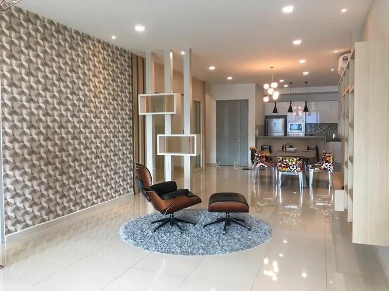 Living features: geometric textured accent wall in beige, white painted walls, polished ceramic tile flooring, recessed downlights, pendant light fixture, two modern accent chairs in brown leather, round area rug in grey, open-plan layout to dining area, decorative shelving unit, dining table with colorful patterned chairs, kitchen area with visible cabinetry and appliances; style: modern.
