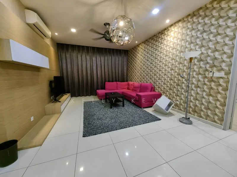 Living features: pink L-shape sectional sofa, black coffee table, area rug with geometric pattern, wall-mounted TV, wood feature wall, textured accent wall with 3D panels, white floating TV console, ceiling fan with light, recessed downlights, curtains, floor lamp; style: modern.