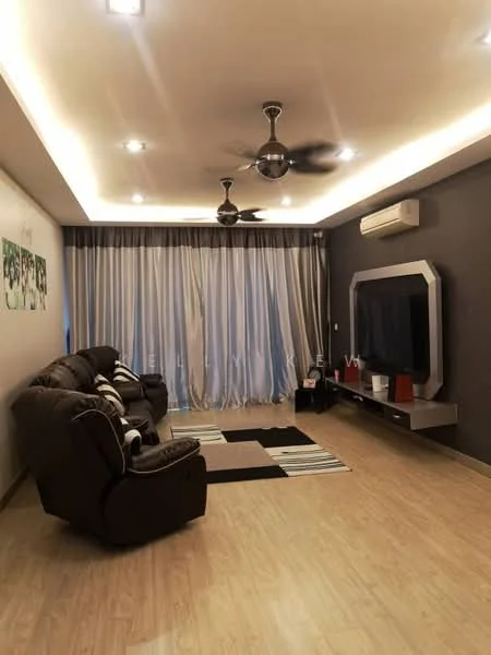 Living features: 2-seater fabric sofa in brown, 3-seater fabric sofa in brown, area rug with geometric pattern, wall-mounted TV, TV console, ceiling fan with light, recessed downlights, floor-to-ceiling windows, sheer curtains, dark accent wall, light wood flooring; style: modern.