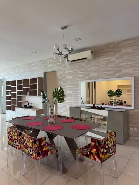 Dining features: 6-seater dining table, modern grey dining table, transparent acrylic chairs with floral pattern, decorative vase with green leaves, wall-mounted mirror, light fixture with multiple bulbs, air conditioning unit, cream painted walls, glossy white tile flooring, built-in cabinetry with open shelving; style: modern.