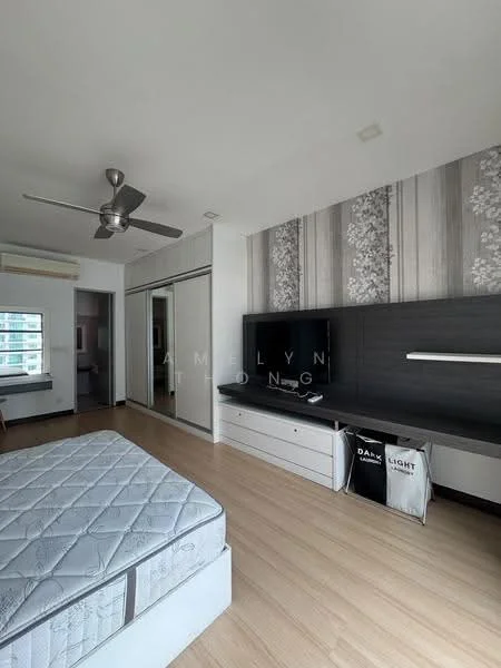 Bedroom features: queen-size bed, upholstered headboard, wooden flooring, 5-blade ceiling fan, wall-mounted TV, built-in wardrobe with sliding doors, decorative feature wall with floral pattern, white painted walls, desk with integrated lighting, large window with city view; style: modern; view: city.