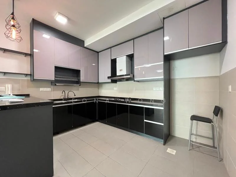Kitchen features: black glossy cabinetry, purple upper cabinets, stainless-steel built-in oven, stainless-steel range hood, black countertop, single-bowl stainless-steel sink, chrome pull-down faucet, ceramic tile flooring, recessed downlights, pendant light fixture, open shelving, kitchen island, grey tiled backsplash; style: modern.