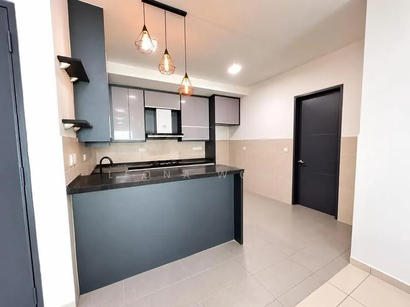 Kitchen features: black granite countertop, grey upper cabinets, black lower cabinets, stainless-steel sink, chrome pull-down faucet, built-in oven, 4-burner gas hob, pendant lighting, tile backsplash, ceramic tile flooring, recessed downlights, open shelving, wall-mounted cabinets; style: modern.