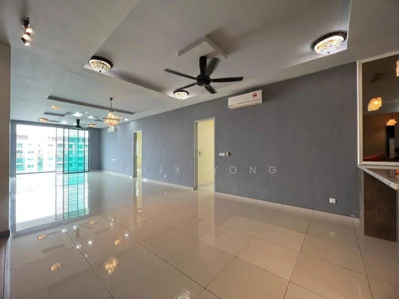 Living features: white painted walls, grey accent wall, polished ceramic tile flooring, 5-blade ceiling fan with light, recessed downlights, chandelier, floor-to-ceiling windows, sliding glass door, balcony access, air conditioning unit, decorative ceiling, open layout; style: modern; view: city.
