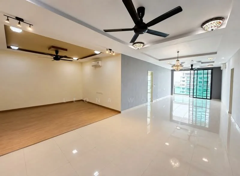 Living features: white painted walls, grey accent wall, wooden flooring, polished ceramic tile flooring, 5-blade ceiling fan with light, 3-blade ceiling fan, recessed downlights, chandelier, floor-to-ceiling windows, sliding glass door, balcony view, open layout; style: modern; view: city.