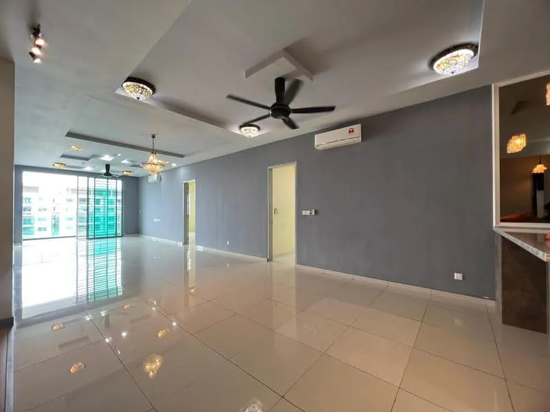 Living features: grey painted walls, polished ceramic tile flooring, tray ceiling with recessed lighting, 2 ceiling fans, 2 chandeliers, floor-to-ceiling windows, sliding glass door, view of balcony, air conditioning unit on wall, open layout to kitchen, decorative wall paneling, natural light from windows; style: modern; view: city.