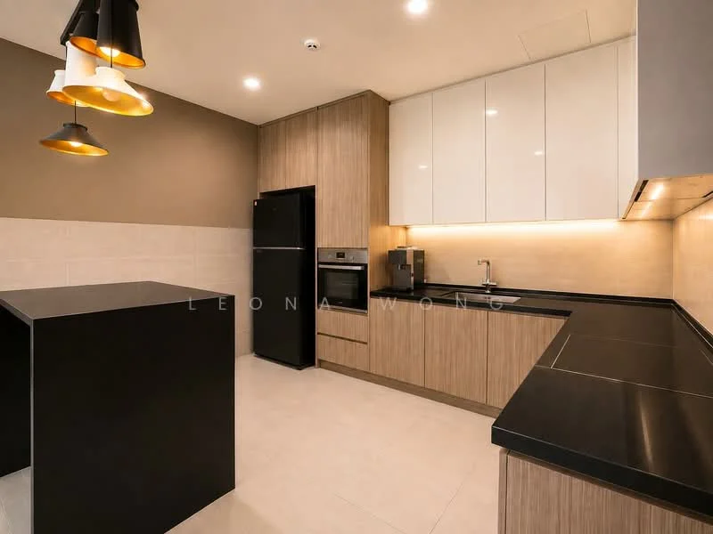 Kitchen features: black granite countertop, light wood cabinetry, white upper cabinets, built-in oven, black refrigerator, stainless-steel sink, chrome pull-down faucet, pendant lighting with multiple bulbs, ceramic tile flooring, wall-mounted cabinetry, under-cabinet lighting, neutral painted walls; style: modern.