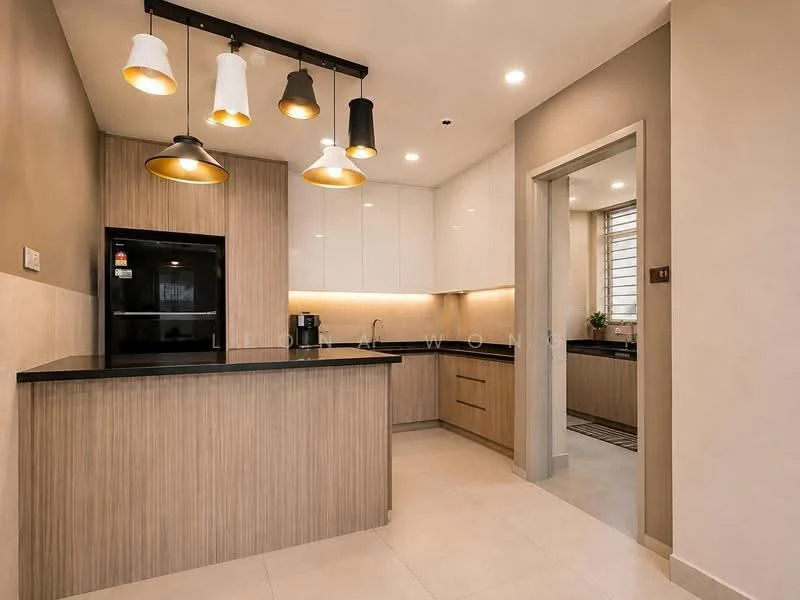Kitchen features: black granite countertop, light wood cabinetry, white upper cabinets, built-in oven, black refrigerator, stainless-steel sink, chrome pull-down faucet, pendant lighting with multiple bulbs, tile flooring, window with blinds, coffee machine, kitchen island with seating; style: modern.