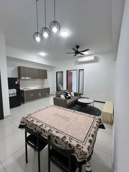 Dining features: dining table with tablecloth, black dining chairs, pendant light fixture, ceiling fan, white walls, tile flooring, open layout, sofa in background, kitchen cabinetry in background, refrigerator in background, floor-to-ceiling windows, air conditioning unit; style: modern.