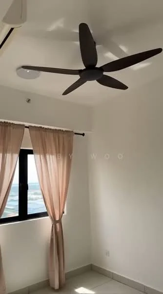 Room features: white painted walls, ceiling fan with 4 blades, floor-to-ceiling window, sheer curtains, tile flooring; view: city.