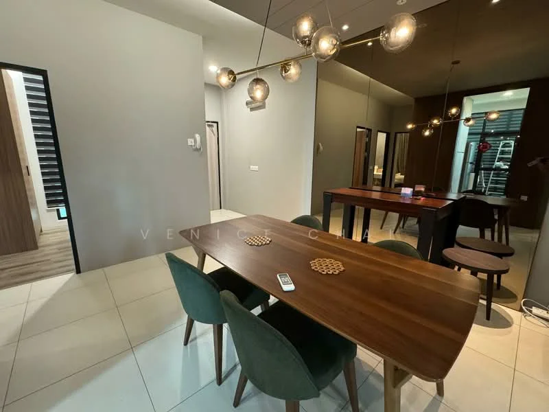 Dining features: wooden dining table, 6 upholstered dining chairs in green, pendant lighting with multiple bulbs, grey painted walls, tile flooring, decorative wall mirror, open layout to adjacent rooms; style: modern. Room features: wooden flooring, glass sliding door, interior doors visible, ambient lighting.