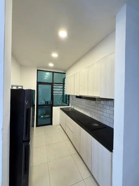 Kitchen features: white cabinetry, black countertop, ceramic tile flooring, stainless-steel fridge, built-in oven, 4-burner induction hob, white subway tile backsplash, single-bowl stainless-steel sink, chrome pull-down faucet, recessed LED downlights, floor-to-ceiling windows, open shelving; style: modern.
