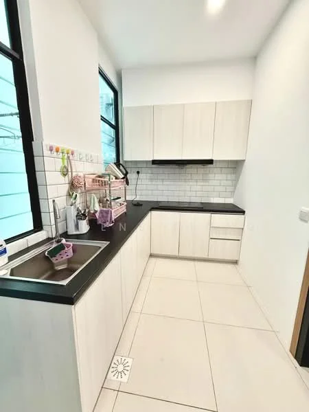 Kitchen features: white shaker cabinets, black countertop, stainless-steel sink, chrome pull-down faucet, white subway tile backsplash, built-in oven, freestanding range oven, ceramic tile flooring, recessed downlights, floor-to-ceiling windows, open shelving, kitchen island; style: modern.