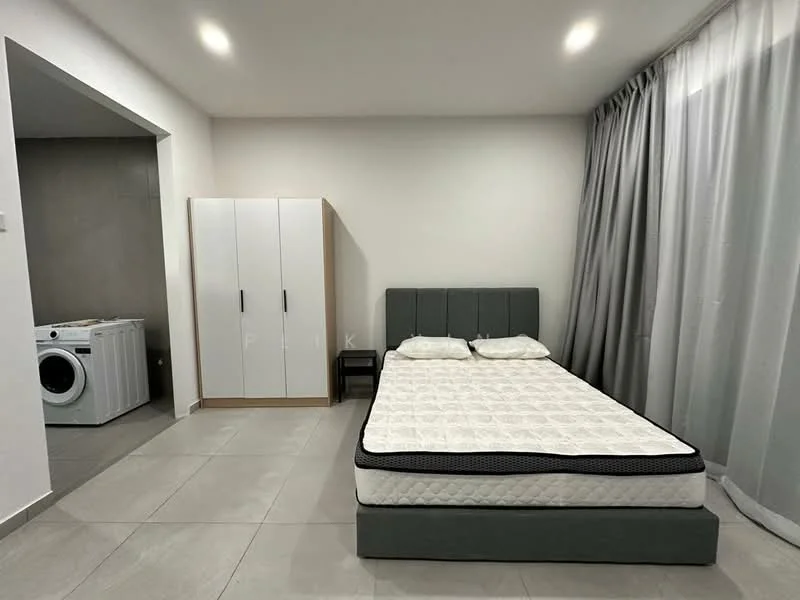 Bedroom features: queen-size bed with grey upholstered headboard, white bedding, 2 pillows, grey curtains, white walls, tile flooring, built-in wardrobe with white doors, washing machine, recessed ceiling lights; style: modern.