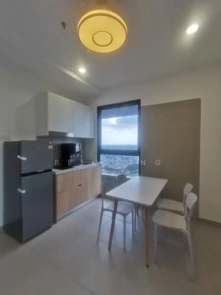Kitchen features: white cabinetry, grey countertop, stainless-steel fridge, built-in microwave, black stove, 4-burner gas hob, single-bowl stainless-steel sink, chrome pull-down faucet, dining table for 4, 4 white chairs, floor-to-ceiling window with city view, tile flooring; style: modern; view: city.