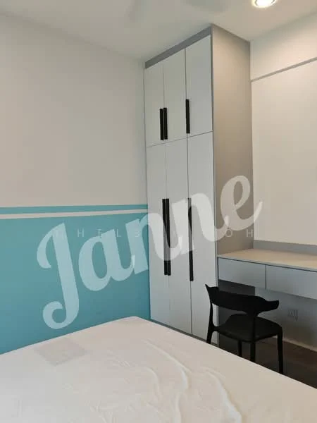 Bedroom features: blue accent wall, white painted walls, built-in wardrobe with black handles, study desk with chair, queen-size bed, recessed ceiling lights, laminate flooring, window with natural light; style: modern.