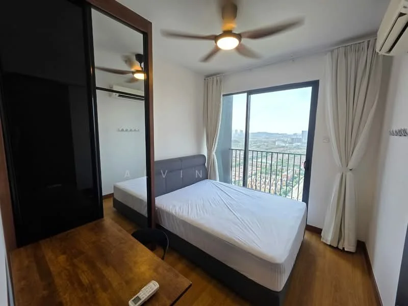 Bedroom features: king-size bed frame without mattress, wooden flooring, floor-to-ceiling windows, curtains, 5-blade ceiling fan with light, built-in wardrobe with mirrored doors, study desk, air conditioning unit; style: modern; view: city.