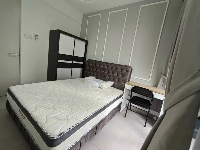 Bedroom features: king-size bed with upholstered headboard, white mattress, grey accent wall, white painted walls, built-in wardrobe with sliding doors, study desk with wooden top, black chair, tile flooring, curtains, recessed ceiling lights; style: modern.