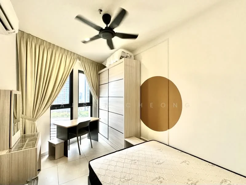 Bedroom features: queen-size bed, wooden headboard, built-in wardrobe with sliding doors, study desk, chair, floor-to-ceiling windows, sheer curtains, ceiling fan, wall-mounted mirror, tile flooring, decorative wall feature; style: modern; view: city.