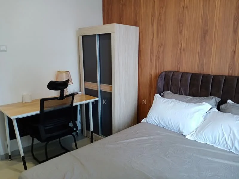 Bedroom features: king-size bed with upholstered headboard, grey bedding, wooden bedside table, desk with chair, lampshade on desk, built-in wardrobe with glass doors, wood panel accent wall, neutral wall color, flooring with light color, window with natural light; style: modern.