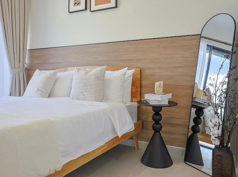 Bedroom features: queen-size bed with white bedding, wooden bed frame, two decorative pillows with stripes, black round side table, full-length mirror, decorative plant in vase, light-colored walls, wood accent wall, curtains, tile flooring; style: modern.