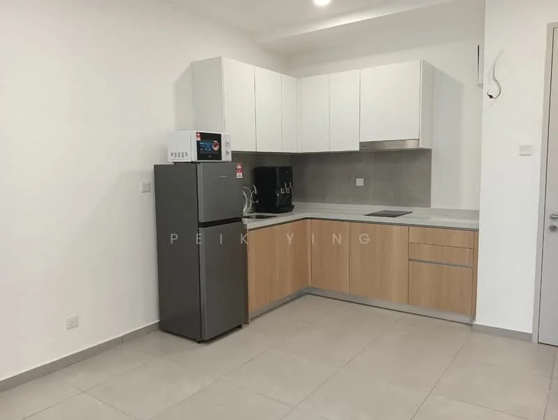 Kitchen features: grey ceramic tile flooring, white painted walls, light wood cabinetry, stainless-steel fridge, built-in oven, electric cooktop, microwave, single-bowl stainless-steel sink, chrome pull-down faucet, countertop with grey surface, wall-mounted cabinets, open shelving, recessed downlights; style: modern.