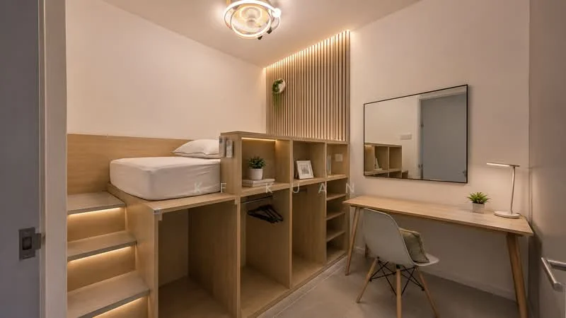 Room features: wooden platform bed with mattress, built-in shelving units, desk with chair, LED strip lighting, wall-mounted mirror, decorative wall plant, staircase leading to bed, light fixture with circular design, grey tile flooring, neutral wall color; style: modern.