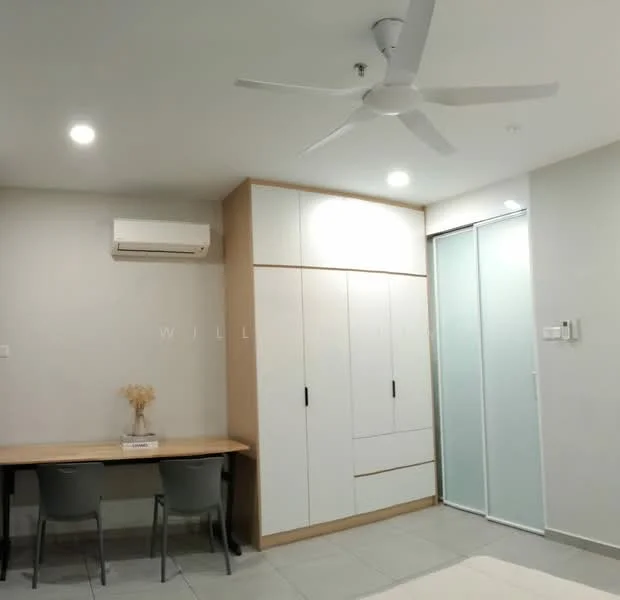 Bedroom features: white painted walls, grey floor tiles, 5-blade ceiling fan with light, wall-mounted split AC, built-in wardrobe with sliding doors, wooden desk, 2 grey dining chairs, decorative vase on desk; style: modern.