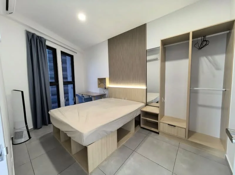 Bedroom features: queen-size bed with beige bedding, wooden bed frame, built-in wardrobe with sliding doors, study desk with chair, grey curtains, floor-to-ceiling windows, light grey tiled flooring, wall-mounted air conditioning unit, wood panel accent wall, LED strip lighting above the bed; style: modern; view: city.